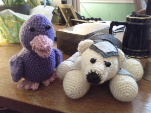 Here is The Panzerbjorn, sitting on Vicki's desk and keeping Scaife the Duck company.